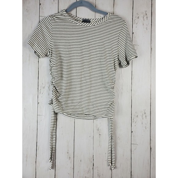 OLIVIA RAE Top Size Medium Striped White Black Scoop Neck Rouched Rayon - Picture 1 of 6